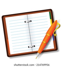 colorful illustration with pen and notebook on a white background