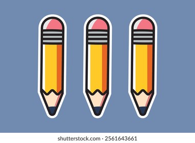 A colorful illustration of pencils and erasers featuring art and school tools in a simple vector style