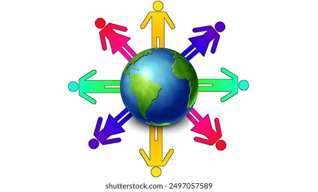 Colorful Illustration of people around the world, peace, friendship and travel concept. earth globe surrounded by a chain of people.Global Unity and Diversity Concept isolated on white background.