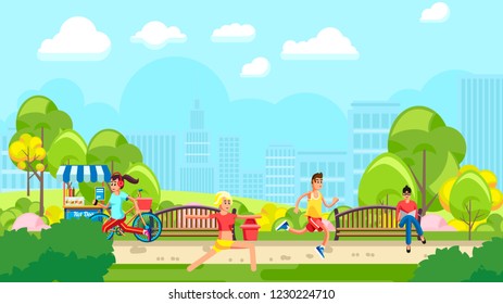 Colorful illustration of people doing sports in green urban park