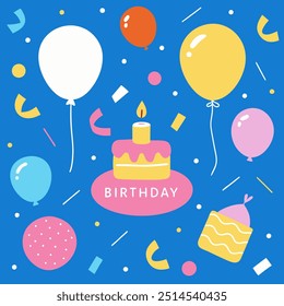 A colorful illustration perfect for birthday celebrations! Featuring a cake, balloons, confetti, and the word 'Birthday', it's a cheerful and festive design for cards, invitations, and more.