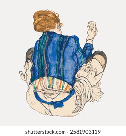 Colorful illustration of a person sitting, wearing a blue jacket with stripes. The artwork features a unique, expressive style with bold colors and lines. Vintage woman illustration isolated, vector.