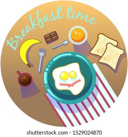 A colorful illustration pf breakfast on a sunny morning with coffee, eggs, juice, banana, toasts and chocolate 