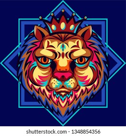 Colorful illustration of a picture of a fat lion head with a crown on its head, a dark blue background. - Vector.