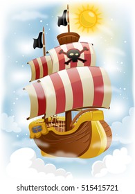 Colorful Illustration of a Pirate Ship with Red and White Striped Sails Decorated with a Skull and Crossbones - eps10