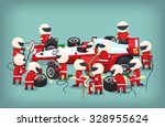 Colorful illustration with pit stop workers and engineers maintaining technical service for a racing car during competition event.