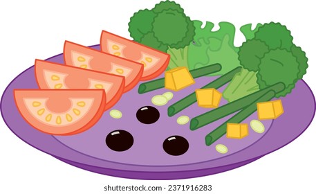 Colorful illustration of a plate with broccoli, tomatos, olives, salad. Vector picture of vegetables isolated on white background.	