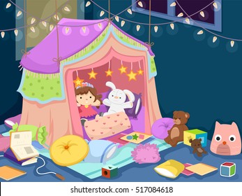 Colorful Illustration of a Playroom with an Indoor Tent Filled with Dolls, Plushies, and Stuffed Toys