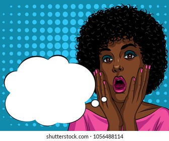 Colorful illustration in pop art style of beautiful african american woman's face in shock emotions. Stressful girl's face with open mouth and hands near face