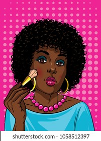 Colorful illustration in pop art style of beautiful african american girl doing makeup . Fashionable woman holding blush brush in her hand 
