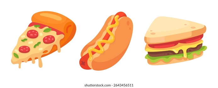 Colorful illustration of popular fast food items including a pizza slice, hot dog, and sandwich.