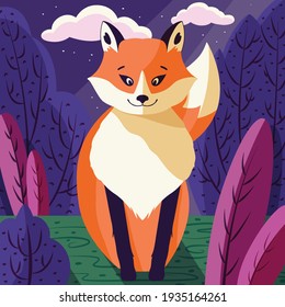 Colorful illustration portrait of cute red fox in forest at sunset. Hand drawn wild animal. 