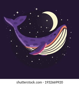 Colorful illustration portrait of cute whale in space with moon and stars. Hand drawn wild animal. 