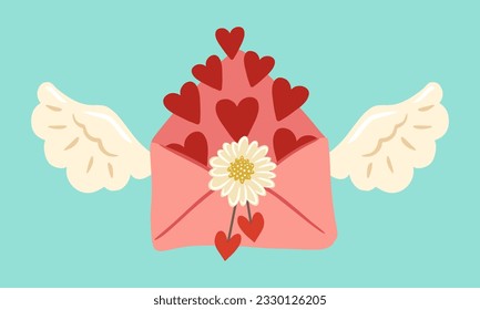 Colorida ilustración del sobre postal con alas y corazones de ángel. А carta con alas de ángel. Diseño de elemento para tarjeta de saludo, invitación, impresión, pegatina. Ilustración del día de San Valentín.