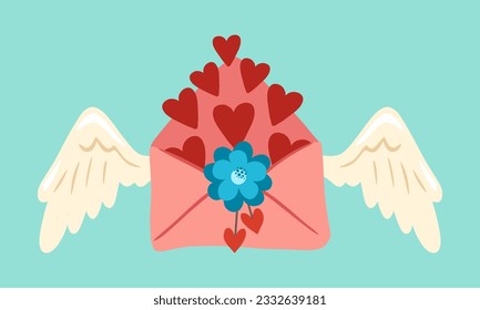 Colorful illustration of postal envelope with angel wings and hearts. А letter with angel wings. Design of element for greeting card, invitation, print, sticker. Illustration for valentine's day.