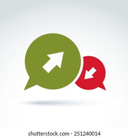 Colorful illustration of a problem discussion with contra opinions. Vector business and management icon. Speech bubbles with green and red arrows.