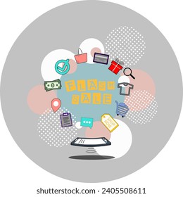 A colorful illustration promoting a flash sale, with a computer monitor displaying the words “FLASH SALE” and various icons representing shopping and sales elements.