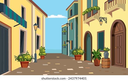 Colorful illustration of a quaint European street