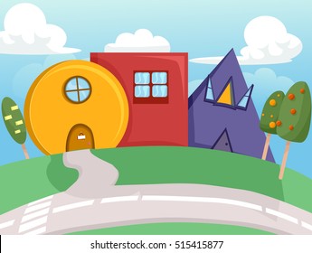 Colorful Illustration of Quirky Houses Shaped Like Basic Geometric Shapes