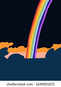 Colorful illustration with rainbow in vector. Bright landscape with pink river and yellow trees.