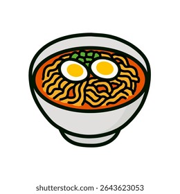 A colorful illustration of a ramen bowl, featuring noodles, two eggs, and green garnish, all within a white bowl. The image is a flat design.