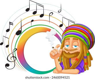 Colorful illustration of a Rastafarian man with music notes.