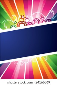 A colorful illustration with rays, circles and stars