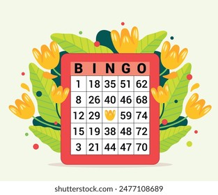 Colorful illustration of a red bingo card with a grid of numbers, decorated with yellow tulips, the flowers and green leaves form a frame around the game of luck.