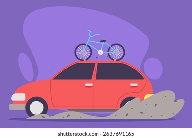 Colorful illustration of red car on textured surface suggesting dirt or sand with bicycle resting on its roof