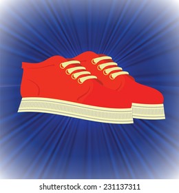 colorful illustration with red shoes  on a blue wave background