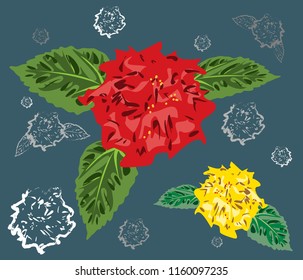 Colorful illustration with red, yellow and gray Hibiscus flowers with green leaves on a blue background. Stylish design for decoration, wallpaper, perfume or cosmetic box, fabric print, wrapping paper