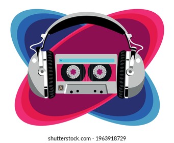 Colorful illustration of retro headphones and audio cassette. Vector 