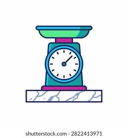 A colorful illustration of a retro kitchen scale with a round dial and weighing pan.