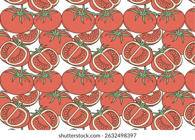 Colorful illustration of ripe tomatoes, showcasing whole and sliced varieties, arranged in a seamless pattern, perfect for backgrounds and culinary designs, emphasizing freshness and vibrancy