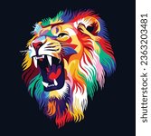 Colorful illustration of roaring lion head, creative design, elegant, modern pop art style, dark background. - Vector.
