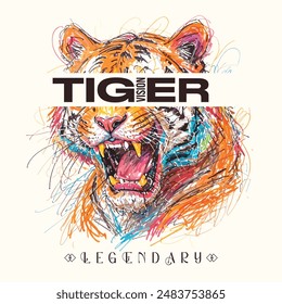 Colorful illustration of a roaring tiger head with text, perfect for t-shirt design