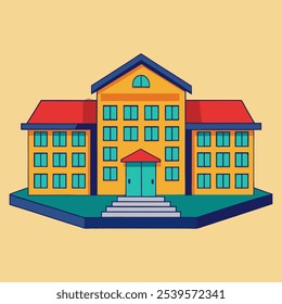 A colorful illustration of a school building with a red roof and blue windows. The building has a flat front with a set of stairs leading to the entrance. Perfect for educational materials, books.