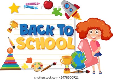 Colorful illustration of school supplies and a student