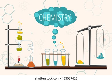Colorful illustration with scientific instruments and equipment for research. Vector illustration