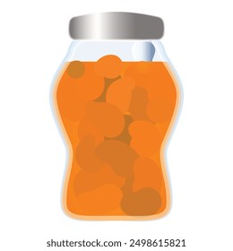 Colorful illustration of a sealed glass jar filled with preserved apricots, isolated on white