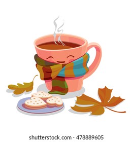 Colorful illustration of seasons theme in vector. Sweet autumn concept. Modern vintage colors, flat design. Mug with hot tea and coffee, maple leaf, cookie. For advetrising, bakery, autumn banners.