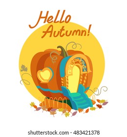 Colorful illustration of seasons theme in vector. Hello autumn concept. Vintage colors, flat design. Pumpkin coach and magic house. For advertising, autumn banners, post-card, print design