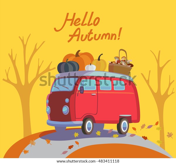 Colorful illustration of seasons theme in\
vector. Hello autumn concept. Modern vintage colors, flat design.\
Traditional hippie car minivan with lettering hello autumn. For\
autumn banners,\
post-card