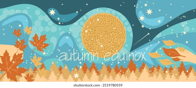 Ilustração colorida de setembro Equinox. Cores de outono. Folhas caídas das árvores