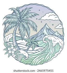 Colorful illustration of a serene beach scene with waves crashing at the shore, palm trees swaying, mountains in the distance, set against a picturesque sea and coastal landscape.