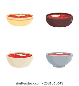 Colorful illustration set of cartoon soup bowls with different designs and toppings