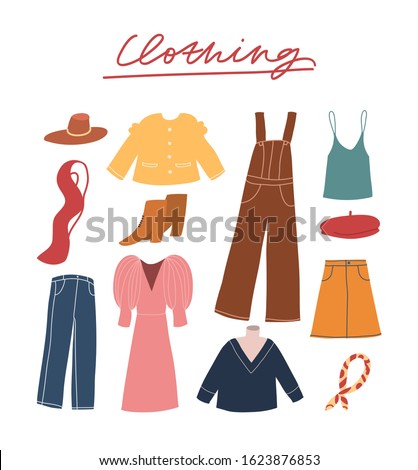 Colorful illustration set of clothes in vector. Fashion illustration. Wardrobe items drawing. Simple hand drawn lettering with the word Clothing.