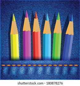 colorful illustration with set of colored pencils on blue jeans background for your design