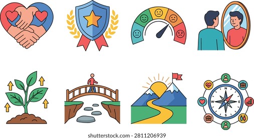 Colorful illustration set featuring support, achievement, emotional balance, self reflection, growth, progress, goals, and life direction. Suitable for coaching, mental wellness, education, career development, and motivational design projects.