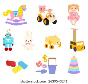A colorful illustration set featuring trendy and stylish children toys, perfect for kids product designs, advertisements, and educational visuals.